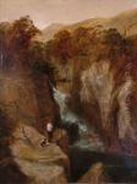 A Figure Anda Dog In A Rocky Gorge Oil Painting by William James Muller