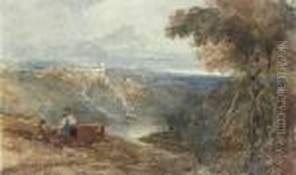 Travellers In An Extensive Landscape Before A Fortress Oil Painting by William James Muller