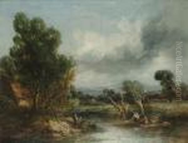 Figures Fishing Near A Watermill Oil Painting by William James Muller