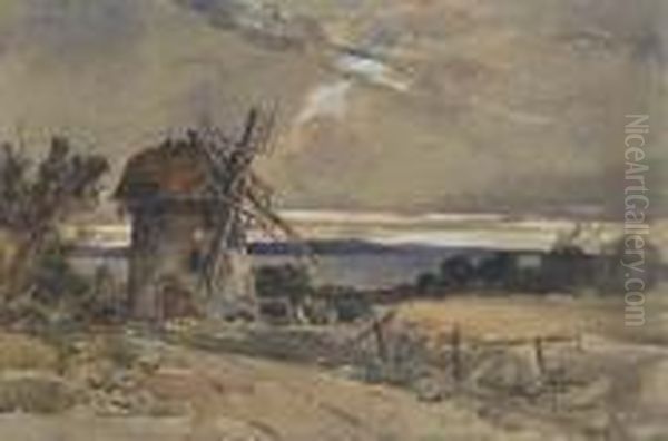 A Windmill In An Extensive Landscape Oil Painting by William James Muller