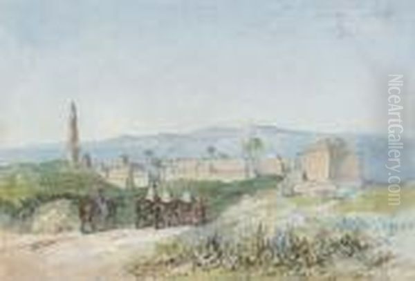 Travellers On Horseback Approaching A Palestinian Town, Possibly Lydda Oil Painting by William James Muller