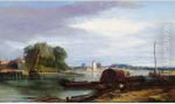 Loading Barges On The Thames Oil Painting by William James Muller