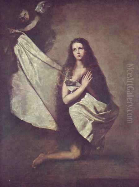 St. Agnes in prison, Angel with the cloth dressed Oil Painting by Jusepe de Ribera