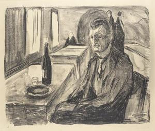 Self-portrait With A Bottle Of Wine Oil Painting by Edvard Munch