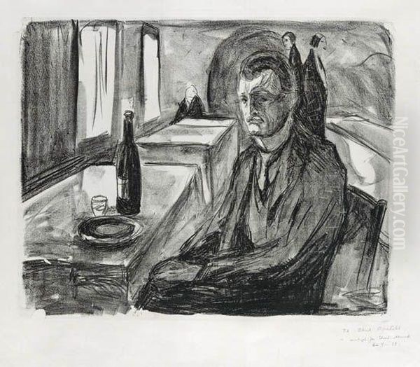 Selbstbildnis Mit Weinflasche Oil Painting by Edvard Munch