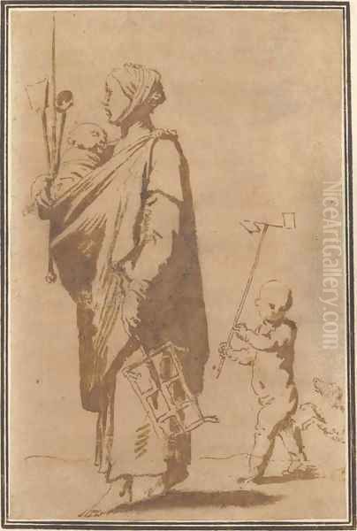 A mother carrying a child and kitchen utensils, followed by a boy and a dog Oil Painting by Jusepe de Ribera