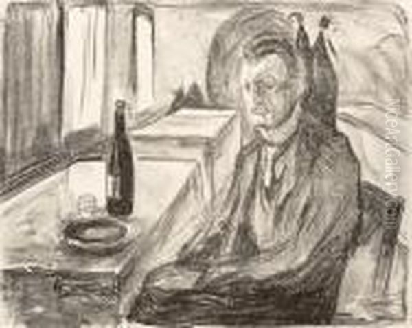 Self-portrait With A Bottle Of Wine Oil Painting by Edvard Munch