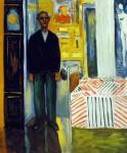 Self Portrait: Between Clock And Bed Oil Painting by Edvard Munch