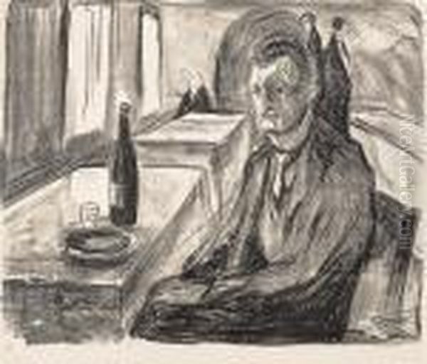 Self-portrait With A Bottle Of Wine Oil Painting by Edvard Munch