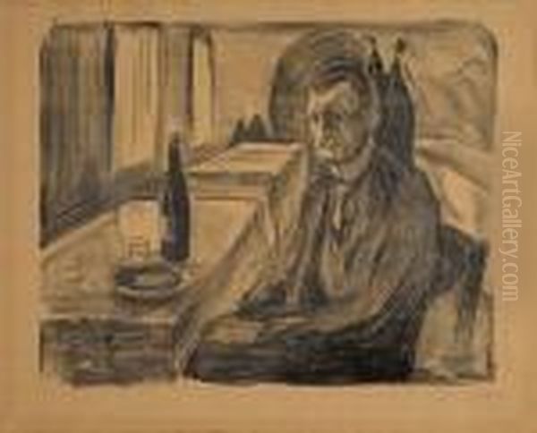 Selvportrett Ved Vinen Oil Painting by Edvard Munch