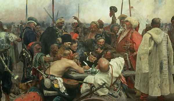 The Zaporozhye Cossacks writing a letter to the Turkish Sultan, 1890-91 Oil Painting by Ilya Efimovich Efimovich Repin