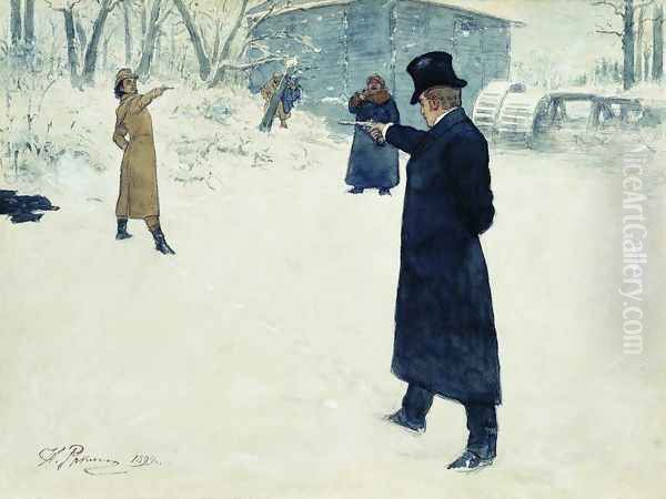 Eugene Onegin and Vladimir Lensky's duel Oil Painting by Ilya Efimovich Efimovich Repin