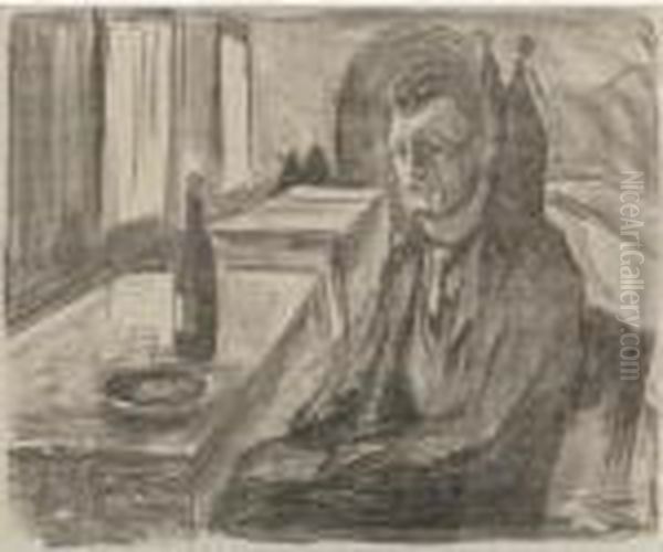 Self-portrait With A Bottle Of Wine (w. 712) Oil Painting by Edvard Munch