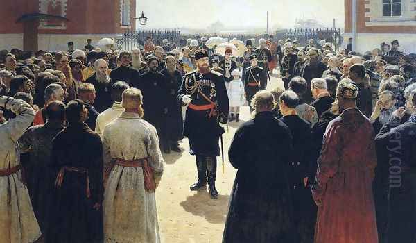 Aleksander III receiving rural district elders in the yard of Petrovsky Palace in Moscow Oil Painting by Ilya Efimovich Efimovich Repin