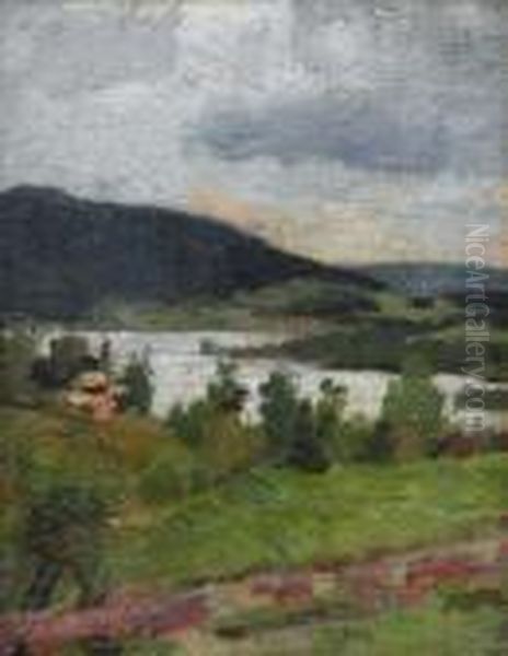 Man In Landscape Oil Painting by Edvard Munch