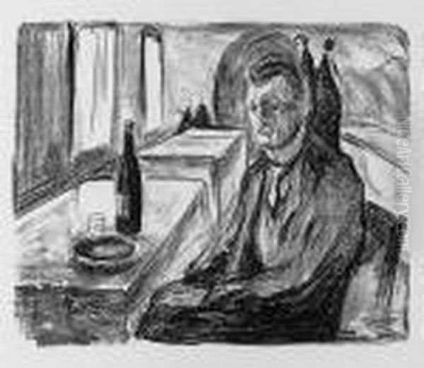 Selbstportrait Mit Einer Flasche Wein Oil Painting by Edvard Munch