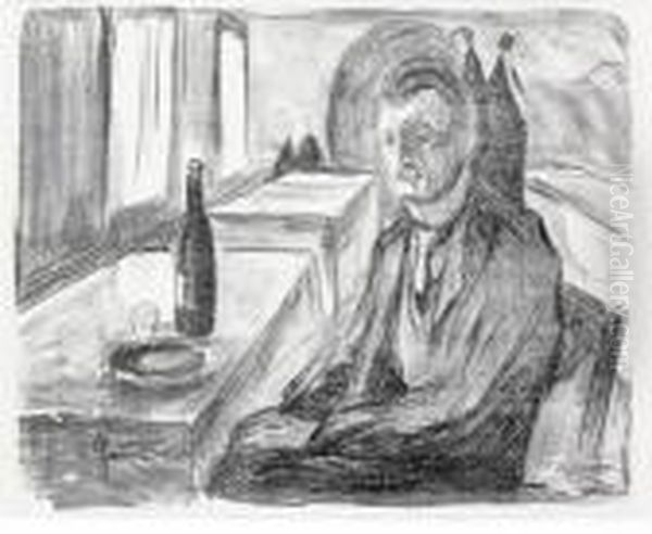 Self Portrait With A Bottle Of Wine 1930 Oil Painting by Edvard Munch