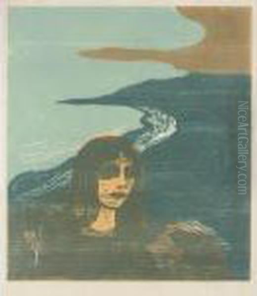 Womans's Head Against The Shore (woll 152; Schiefler 129) Oil Painting by Edvard Munch