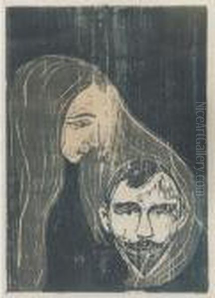 Man's Head In Woman's Hair Oil Painting by Edvard Munch