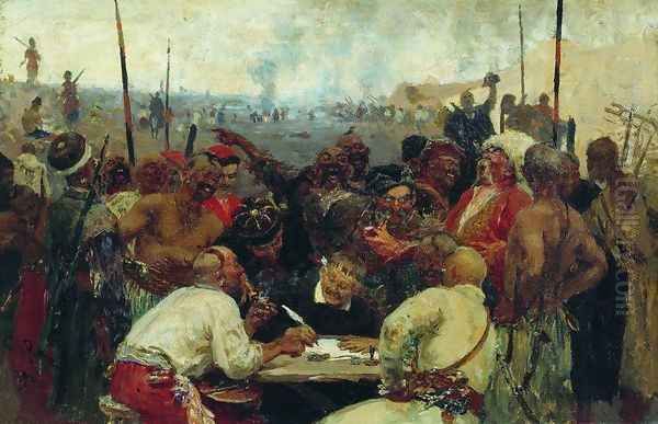 The Reply of the Zaporozhian Cossacks to Sultan of Turkey, sketch 2 Oil Painting by Ilya Efimovich Efimovich Repin