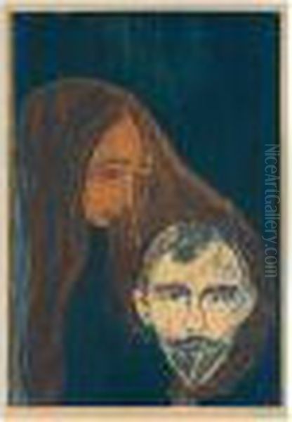 Man's Head In Womans Hair (woll 89; Schiefler 80) Oil Painting by Edvard Munch