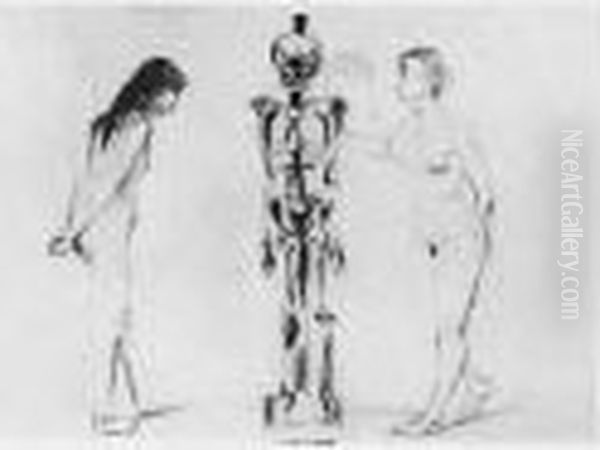 The Women And The Skeleton (woll 51; Scheifler 44) Oil Painting by Edvard Munch