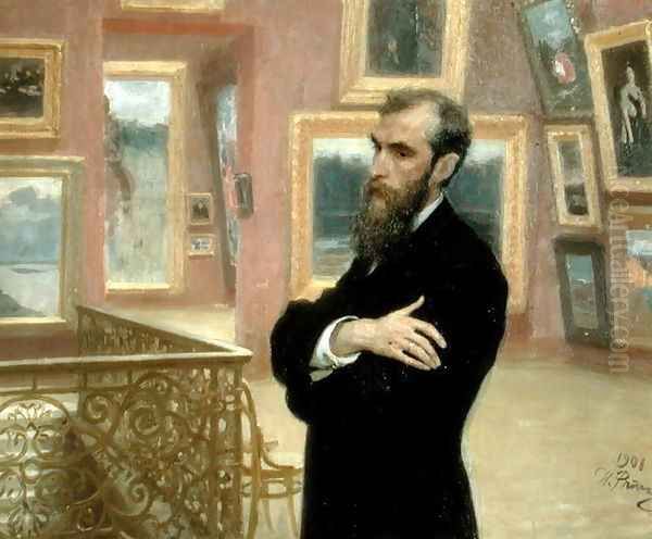 Portrait of Pavel Tretyakov (1832-98) in the Gallery, 1901 Oil Painting by Ilya Efimovich Efimovich Repin