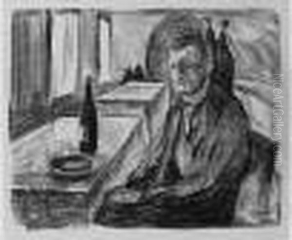 Self-portrait With A Bottle Of Wine (selbstbildnis Mit Weinflasche) (w. 712) Oil Painting by Edvard Munch