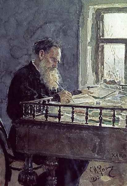 Lev Tolstoy (1828-1910) at work, 1893 Oil Painting by Ilya Efimovich Efimovich Repin