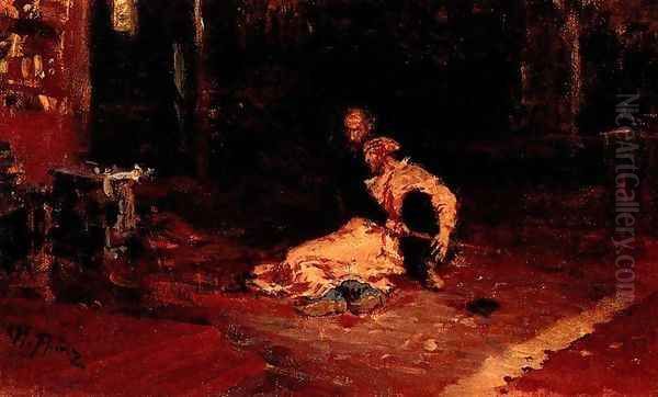 Ivan the Terrible and his son Ivan 1870-1873 (sketch) Oil Painting by Ilya Efimovich Efimovich Repin