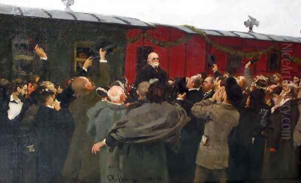 Arrival of Nikolai Ivanovich Pirogov to Moscow in the 50th anniversary of his scientific activities Oil Painting by Ilya Efimovich Efimovich Repin