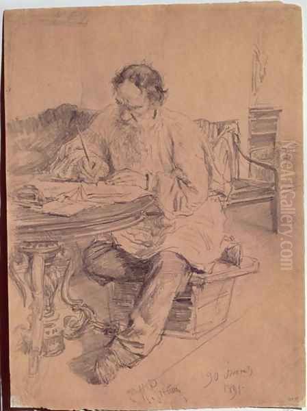 Lev Nikolaevich Tolstoy (1828-1910) at Work, 1891 Oil Painting by Ilya Efimovich Efimovich Repin