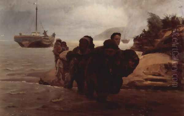 Barge Haulers wading Oil Painting by Ilya Efimovich Efimovich Repin