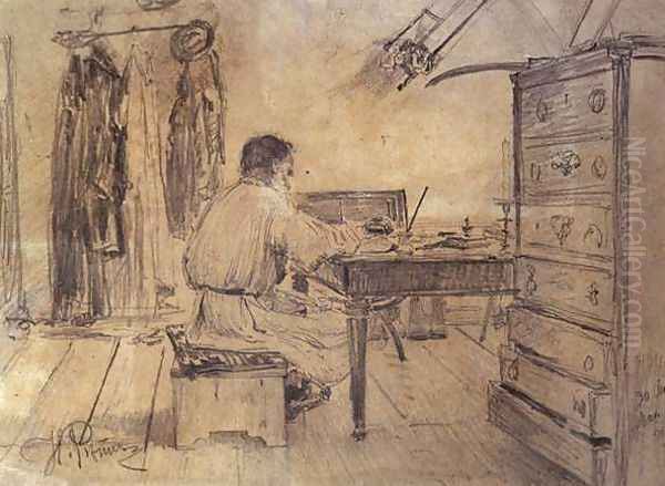 Lev Tolstoy (1818-1910) in his Study, 1891 Oil Painting by Ilya Efimovich Efimovich Repin