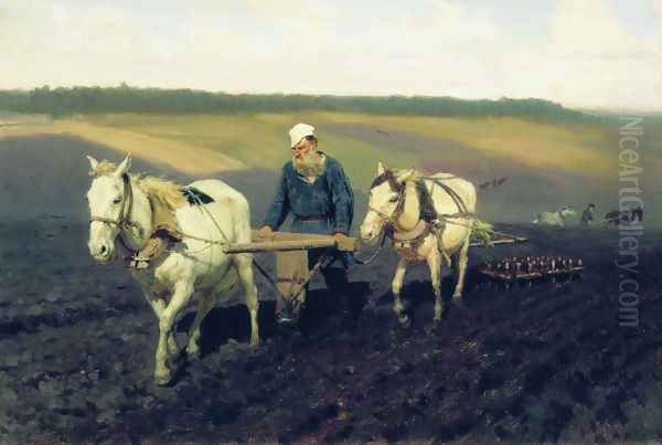 Ploughman. Lev Nikolayevich Tolstoy in the ploughland Oil Painting by Ilya Efimovich Efimovich Repin