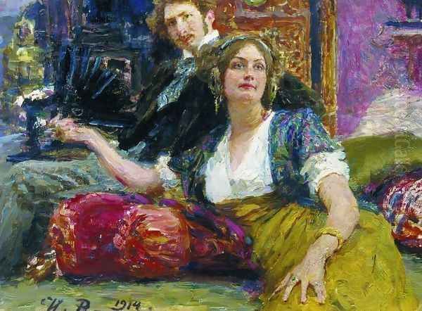 Portrait of poet, prose writer, translator and dramatist Sergei Mitrofanovich Gorodetsky with his wife Oil Painting by Ilya Efimovich Efimovich Repin