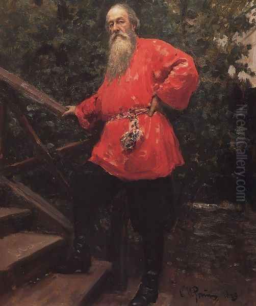 Vladimir Vasilievich Stasov in a dacha in Starozhilovka village, near Parlogovo (St. Petersburg) Oil Painting by Ilya Efimovich Efimovich Repin