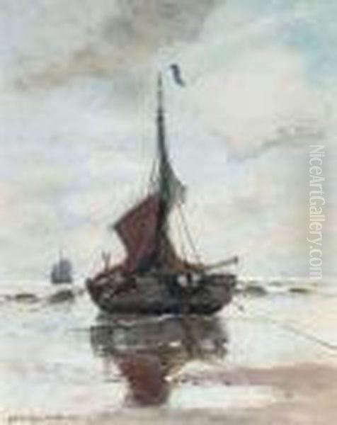 A Fishing Vessel On The Beach Of Katwijk Oil Painting by Gerhard Arij Ludwig Morgenstje Munthe