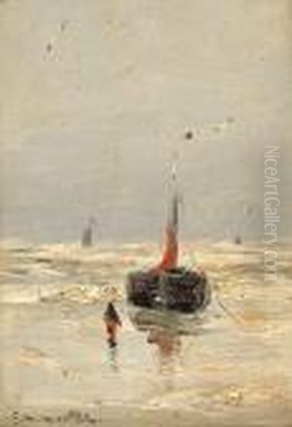 A Fisherman And A Flat-bottom Boat On The Beach Oil Painting by Gerhard Arij Ludwig Morgenstje Munthe