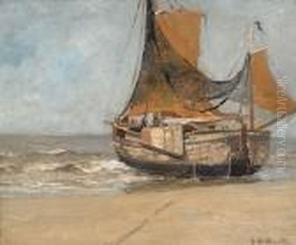 Barge On The Beach Oil Painting by Gerhard Arij Ludwig Morgenstje Munthe