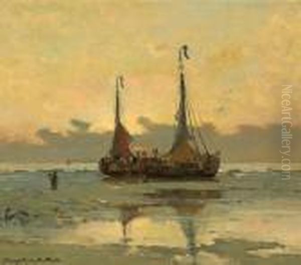 Fishing Boats At Low Tide Oil Painting by Gerhard Arij Ludwig Morgenstje Munthe