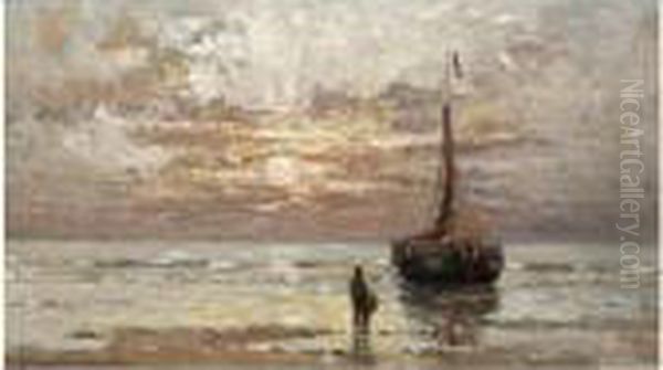 A Figure Near A Moored Bomschuit In The Breakers Oil Painting by Gerhard Arij Ludwig Morgenstje Munthe