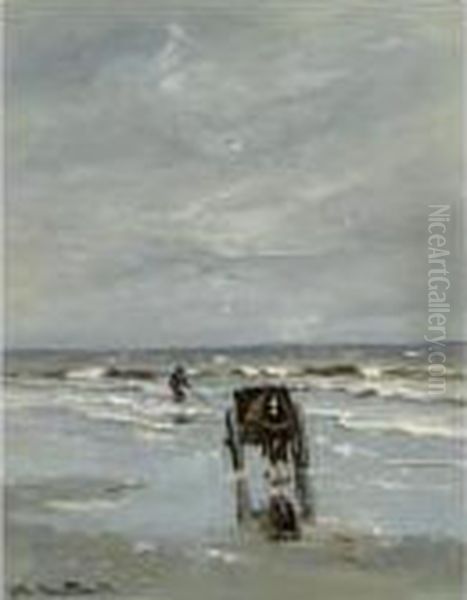 A Shell Fisher In The Breakers Oil Painting by Gerhard Arij Ludwig Morgenstje Munthe