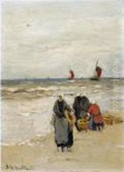 Fisherwomen On The Beach Oil Painting by Gerhard Arij Ludwig Morgenstje Munthe