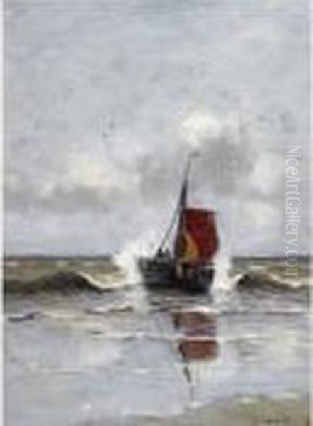 A Bomschuit In The Breakers, Katwijk Oil Painting by Gerhard Arij Ludwig Morgenstje Munthe