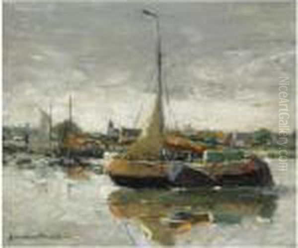 Fishing Boats In The Harbour Near Hengst, Belgium Oil Painting by Gerhard Arij Ludwig Morgenstje Munthe