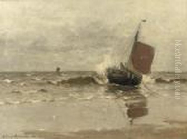 Bomschuit In The Surf, Katwijk Oil Painting by Gerhard Arij Ludwig Morgenstje Munthe