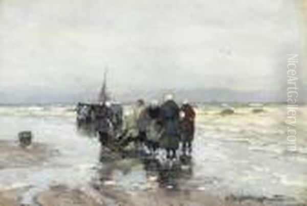 Fisher Women Waiting On The Beach Oil Painting by Gerhard Arij Ludwig Morgenstje Munthe