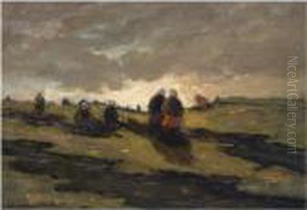 Women Mending Nets In The Dunes Oil Painting by Gerhard Arij Ludwig Morgenstje Munthe