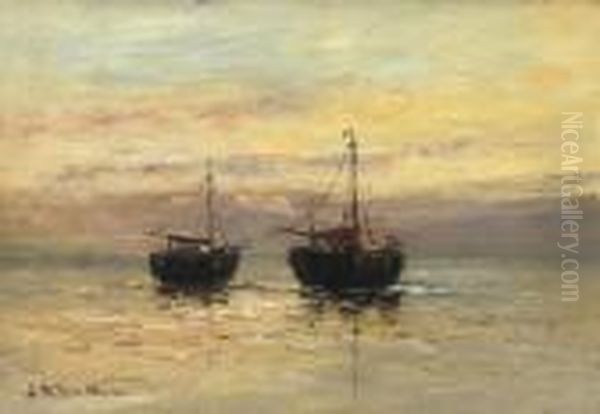 Two Fishing Boats On The Beach Oil Painting by Gerhard Arij Ludwig Morgenstje Munthe